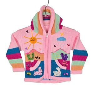 Vintage Peruvian Sweater Size 3T Boho Alpaca Zip Hoodie Hand Knit‎ Pink